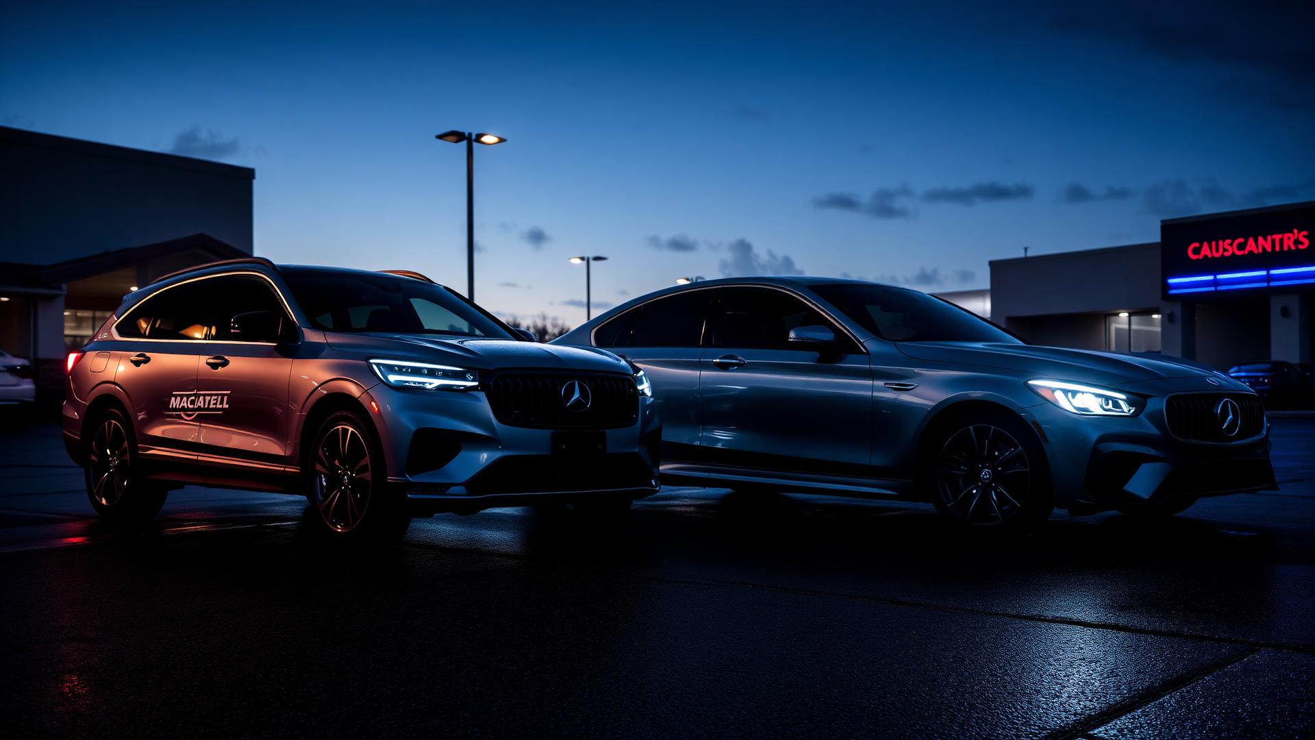 Pre-owned vehicles on the A&E Global 1 Inc. lot at dusk